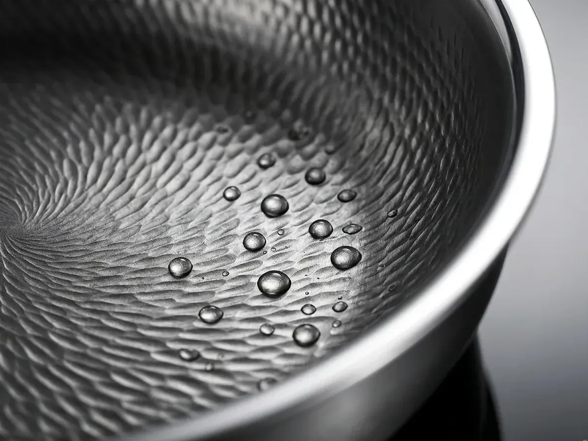 Close-up of the Joyhnny hammered titanium cooking surface